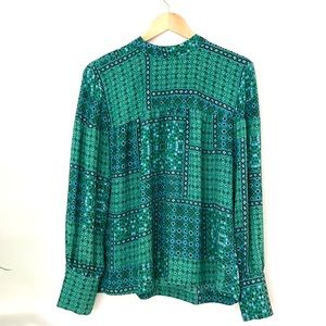 LOFT Blouse EUC Large Blue Green Patchwork Pattern